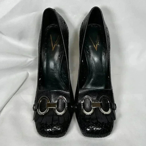 Vince Camuto Shoes - Vince Camuto Size 8.5/38 1/2 Loafer Heels Fringe Black Croc Embossed Preppy